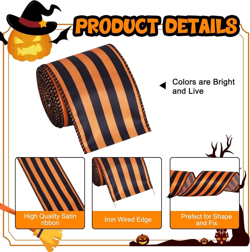 TONIFUL 2.5 Inch x 5 Yards Satin Wired Ribbon, Orange and Black Stripe Halloween Ribbon for Gift Wrapping, Crafts, Bows Making, Gift Baskets, Front Door Wreath Decor Christmas Party Decoration - Image 2
